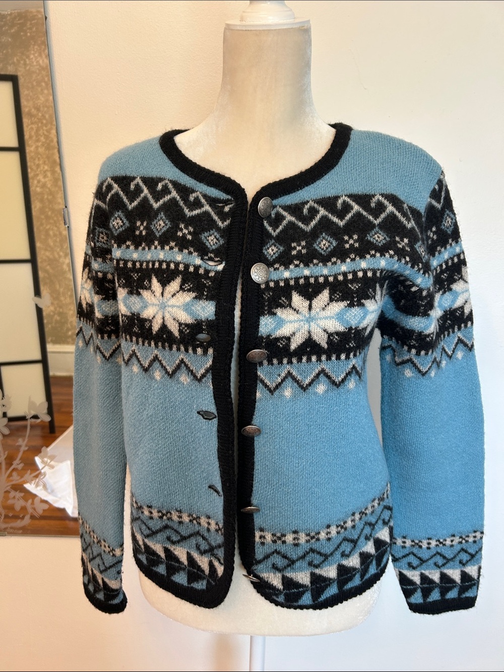 Vintage Tally Ho Blue and Black Nordic Button-Front Cardigan